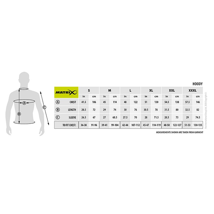 Matrix Black Edition Fishing Hoodie Size Guide