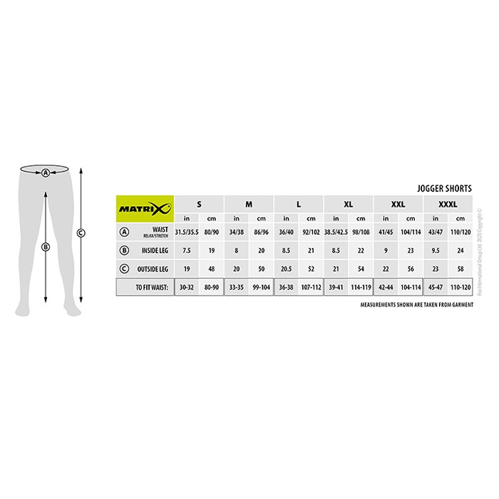 Matrix Black Edition Fishing Jogger Shorts Size Guide