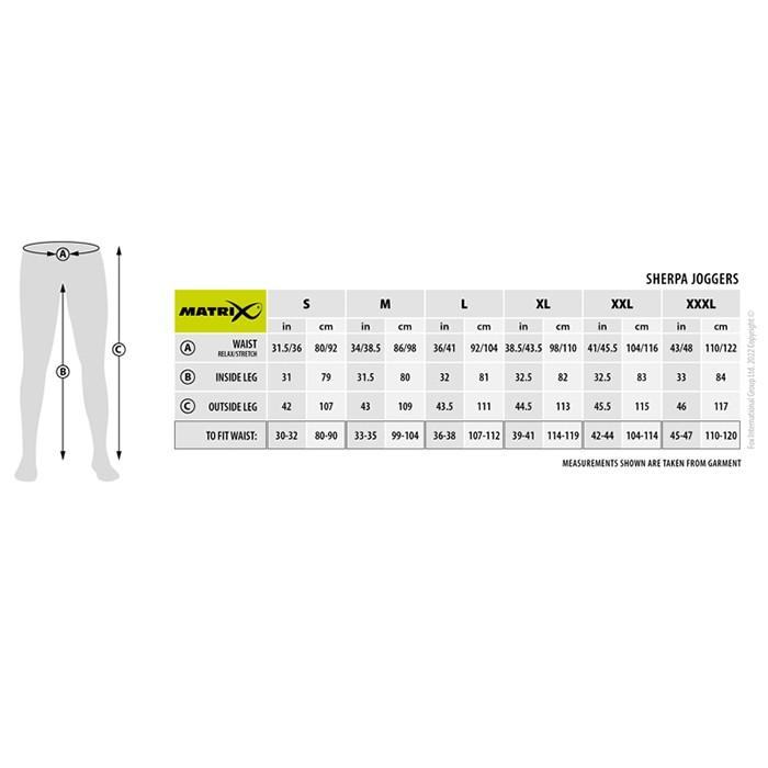 Matrix Sherpa Fishing Joggers Size Guide