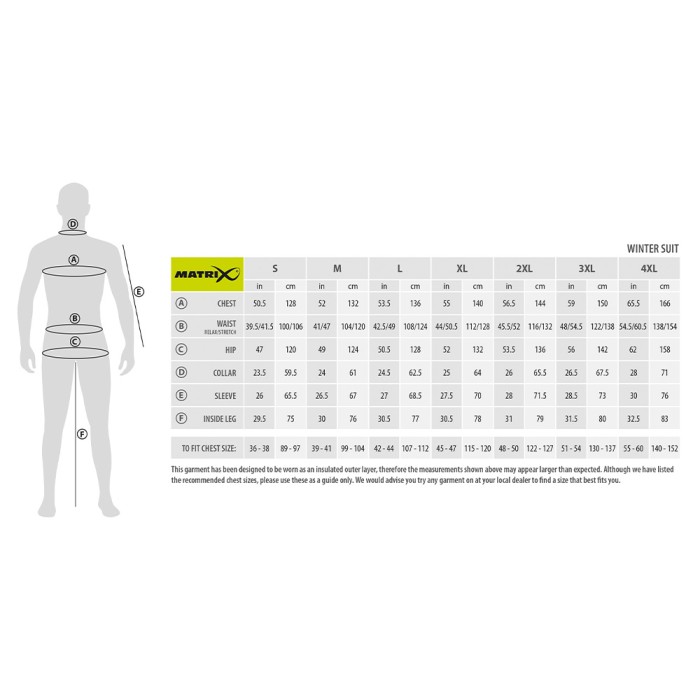 Matrix Therma-Foil Winter Suit Size Guide