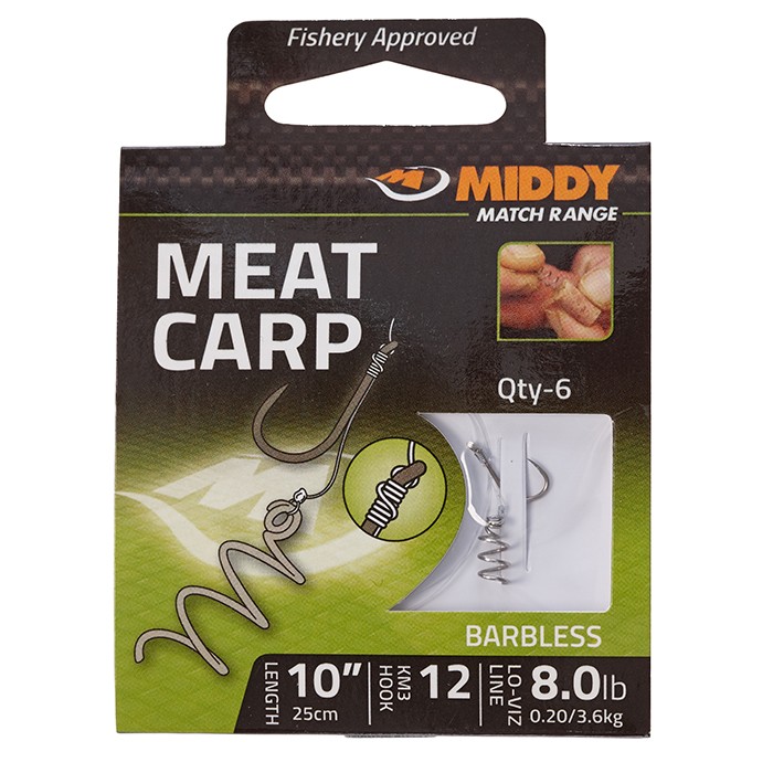 Middy Barbless Meat Carp Fishing Hooks-to-Nylon 12-8lb