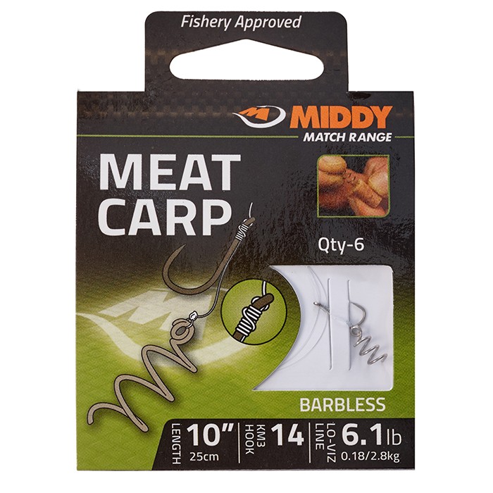 Middy Barbless Meat Carp Fishing Hooks-to-Nylon 14-6.1lb