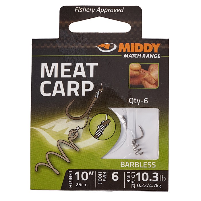 Middy Barbless Meat Carp Fishing Hooks-to-Nylon 6-10.3lb