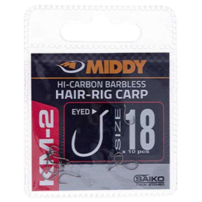 Middy KM-2 Hair-Rig Eyed Hooks Size 18