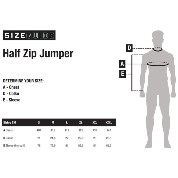 Nash 1/2 Zip Jumper Size Guide