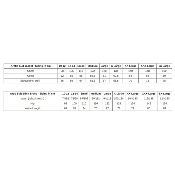 Nash Tackle Arctic Fishing Suit Size Guide
