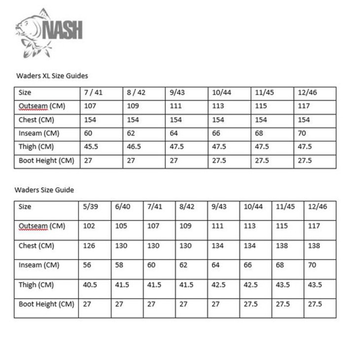 Nash Zero Tolerance Heavy Duty Camo Waders XL Size Guide