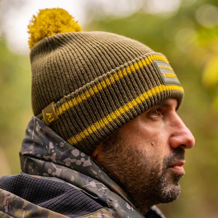 OMC Bobble Green / Mustard Fishing Beanie In Use 1