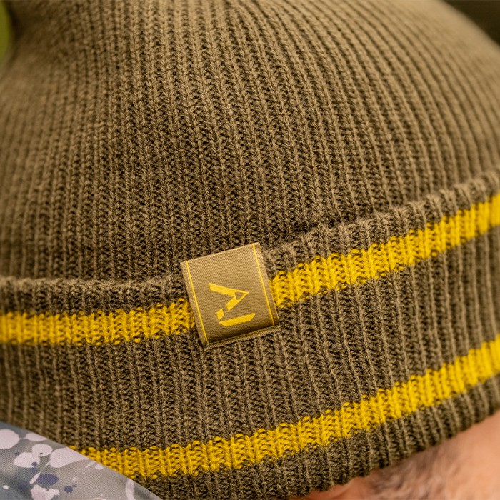 OMC Bobble Green / Mustard Fishing Beanie Close Up 2