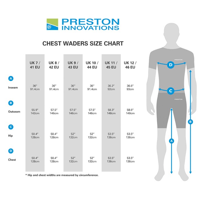 Preston Heavy Duty Chest Fishing Waders Size Guide