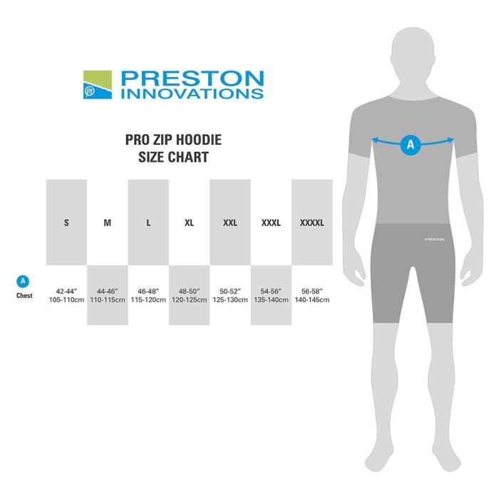 Preston Pro Zip Hoodie Size Guide