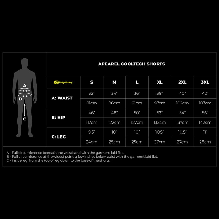 RidgeMonkey APEarel CoolTech Green Fishing Shorts Size Guide