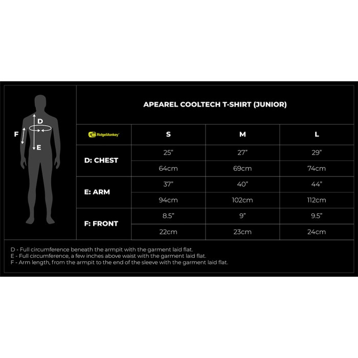 RidgeMonkey APEarel CoolTech Green Junior T-Shirt Size Guide