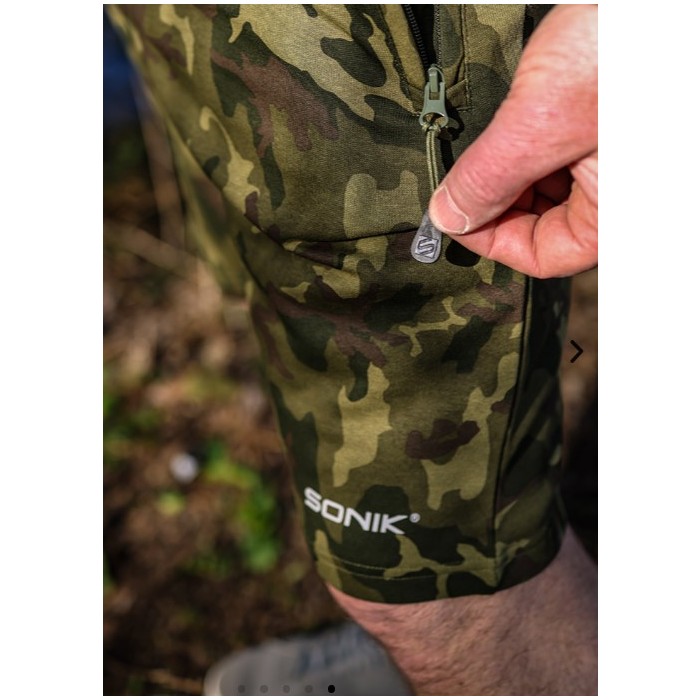Sonik Camo Fleece Fishing Shorts Close Up Zip