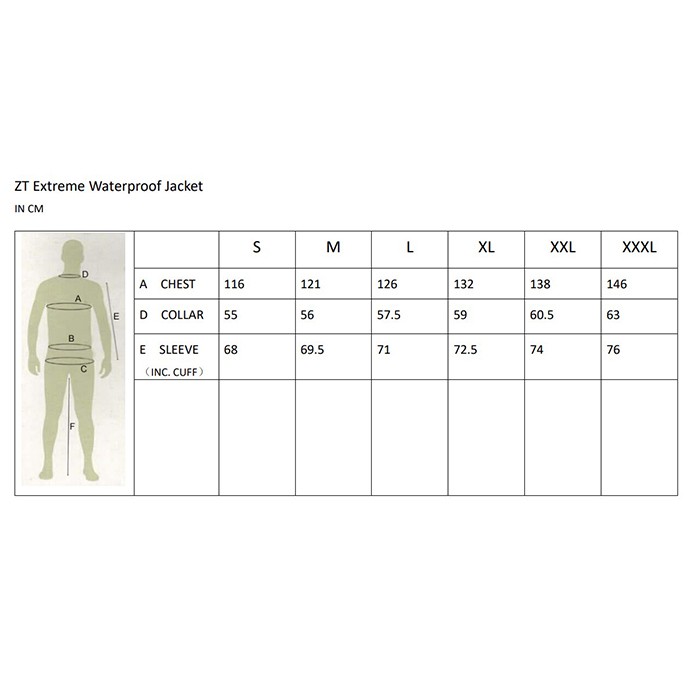 Nash ZT Extreme Waterproof Fishing Jacket Size Guide