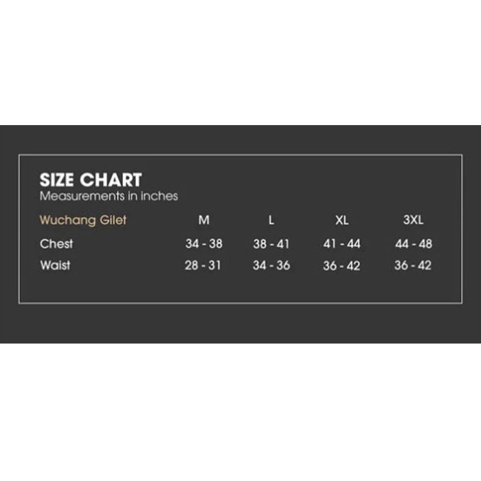 OMC Wuchang Puffer Fishing Gilet Size Chart