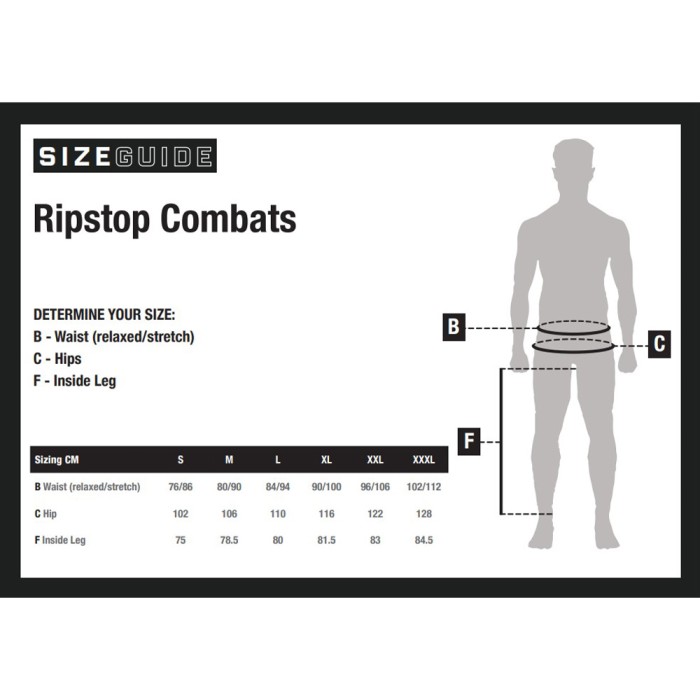 Nash Ripstop Combat Fishing Trousers Size Guide