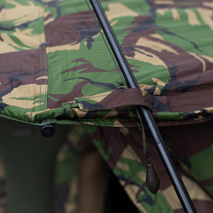 Trakker DPM Tempest Brolly 100 Skull Cap Close Up Rod Strap In Use