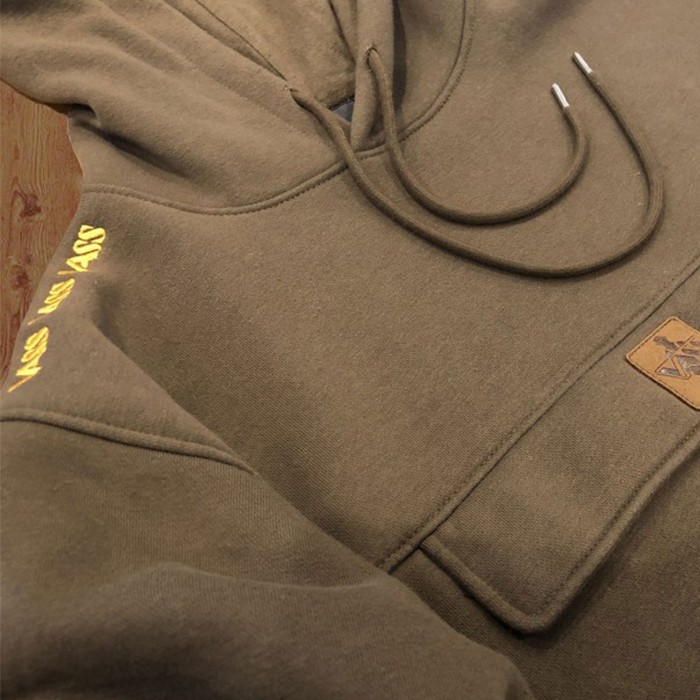 Vass Culture Zipped Chest Pocket Khaki Green Fishing Hoodie Close Up 2