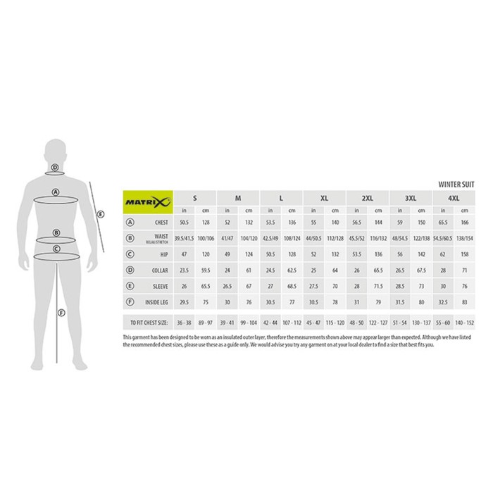 Matrix Winter Fishing Suit Size Guide